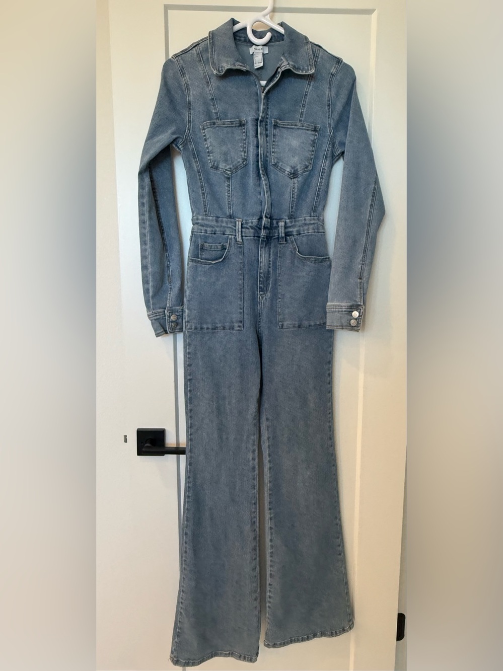 Forever 21 Denim Jumpsuit Women’s S Stretch Flare Wide Leg Utility Coveralls